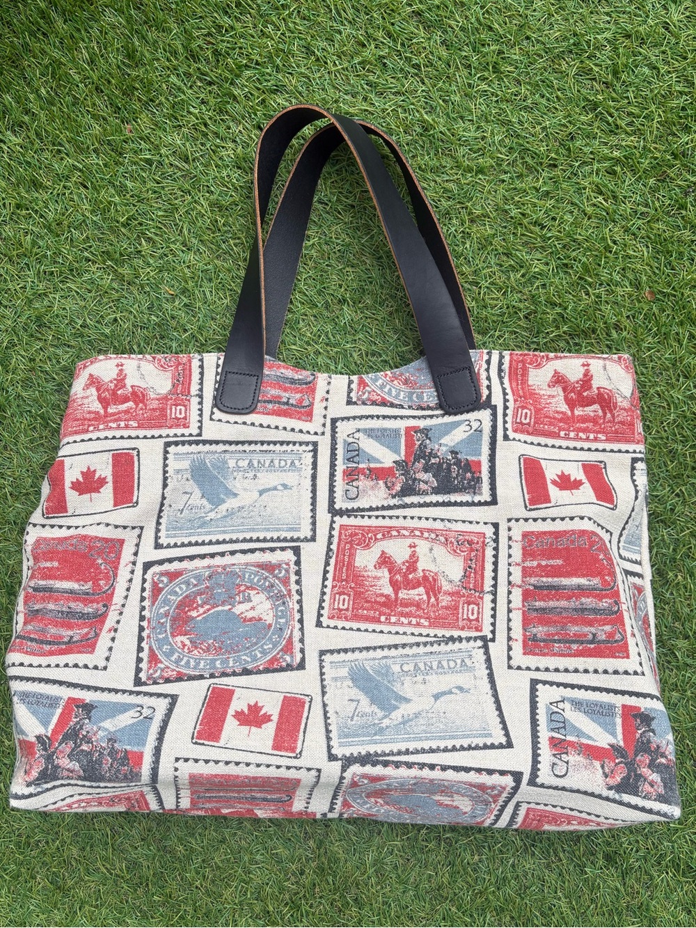 Canvas Canada Stamp Print Tote Bag with Leather Handles